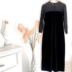 90s J.R. Nites Petites by Caliendo Black Sheer Sleeves Velvet Maxi Dress…